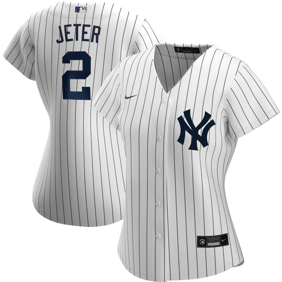Womens New York Yankees #2 Derek Jeter Nike White Navy Home Replica Player Name MLB Jerseys->women mlb jersey->Women Jersey
